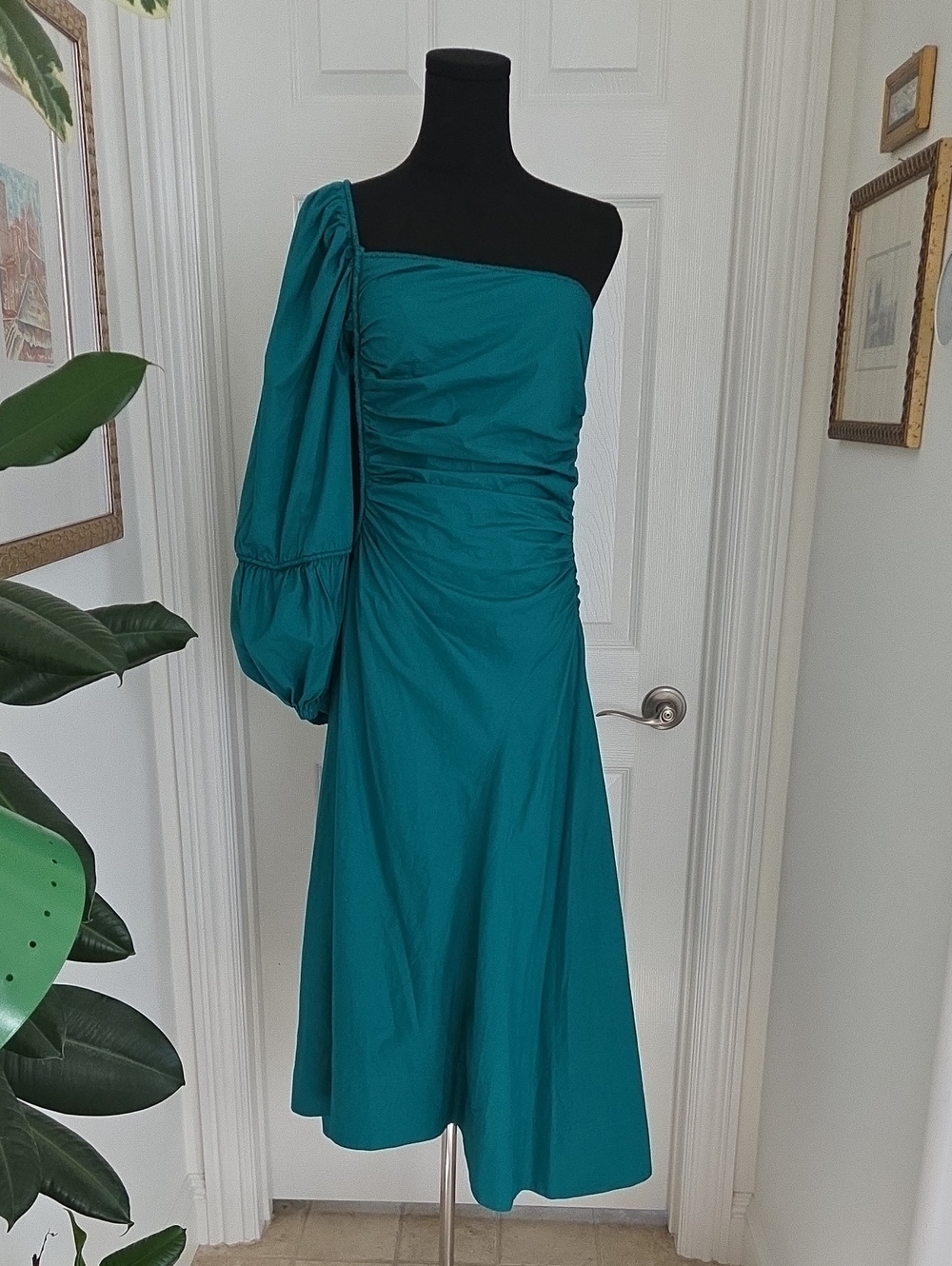 Ulla Johnson Fiorella Teal One-Shoulder Midi Dress. Size 2.